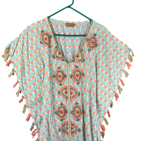 SKEMO Kaftan Dress Beach Cover Up Fringe Beads Embroidered Size Small - Picture 3 of 14